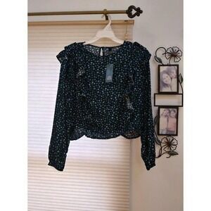 NWT Juniors Wild Fable Blue Floral Print Ruffle Blouse  XS